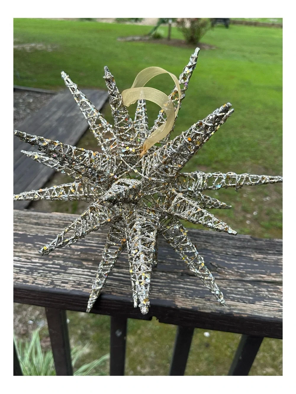Gold Glitter Starburst Holiday Ornament with Hanging Loop